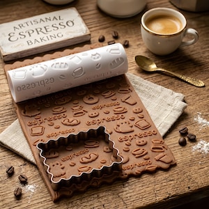 May include: A white cylindrical rolling pin with embossed coffee-themed icons and the word espresso, used to imprint a brown dough sheet. A rectangular metal cookie cutter with scalloped edges rests on the dough, which features repeating patterns of coffee cups, beans, and the word espresso.