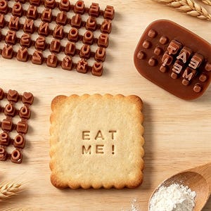 Könnte beinhalten: Ein quadratischer Keks mit gewelltem Rand und der geprägten Aufschrift EAT ME! sowie braune Silikon-Buchstabenstempel, ein rechteckiger Stempelblock mit den Buchstaben EAT ME! und ein Holzlöffel mit weißem Mehl.