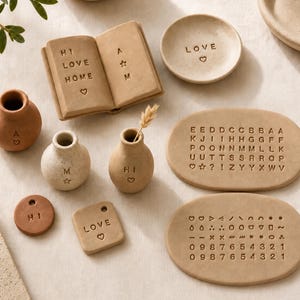 May include: A collection of tan clay objects including a small open book with the text HI LOVE HOME A M, a round dish with LOVE, three small vases with letters and hearts, two tags with HI and LOVE, and two oval plaques with letters and numbers.