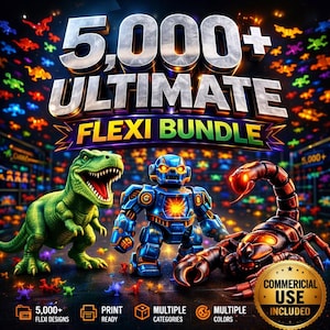 Może przedstawiać: Obraz promocyjny dla pakietu flexi z zielonym dinozaurem, niebieskim robotem i brązowym skorpionem. Tekst brzmi "5,000+ Ultimate Flexi Bundle". Dodatkowy tekst wskazuje na gotowe do druku projekty, wiele kategorii i kolorów. Złota pieczęć wskazuje na użytkowanie komercyjne.
