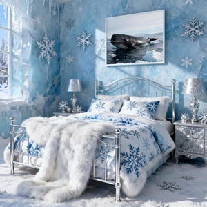 May include: A bedroom with a winter theme. A bed with a silver frame is covered with a white faux fur throw and snowflake-patterned bedding. The walls are light blue with snowflake decorations and a framed picture of a whale.