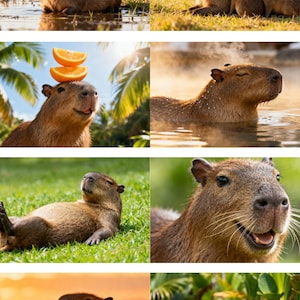 Peut inclure: Une série d'images mettant en scène des capybaras dans divers environnements. Une image montre un capybara avec des oiseaux sur le dos, une autre avec des tranches d'orange sur la tête, et d'autres dans l'eau ou sur l'herbe. Les capybaras sont bruns et semblent détendus.
