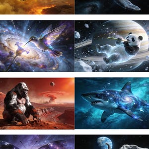 Peut inclure: Une collection d'art numérique surréaliste mettant en scène des animaux avec des éléments cosmiques. Comprend un alligator, une tortue, un colibri, un panda, un gorille, un requin, un papillon et un éléphant, chacun sur un fond céleste.