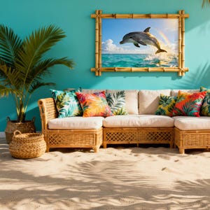 May include: A tropical-themed living room with a light beige sectional sofa and colorful throw pillows. A framed picture of a dolphin jumping out of the ocean hangs on a turquoise wall. A potted palm tree and woven baskets add to the beachy vibe.