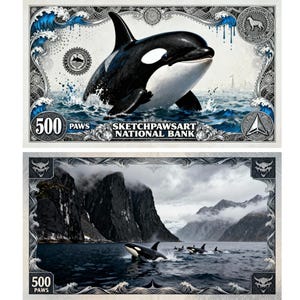 Orca 500 Paws Currency Art | Ocean Apex Predator Poster | SketchPawsArt Banknote 2026 | Digital Download Wall Decor