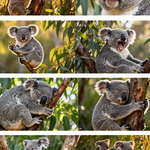 Peut inclure: Une série d'images présentant des koalas dans leur habitat naturel. Les koalas sont montrés dans diverses poses, notamment en train de grimper aux arbres, de manger des feuilles, de bâiller et de dormir. Les koalas ont une fourrure grise et de grandes oreilles rondes. L'arrière-plan comprend des arbres et du feuillage.
