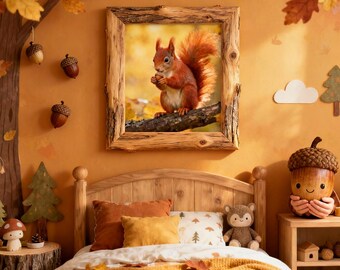 Squirrel Hazelnut Wall Art | Cute Poster Holding an Adorable Acorn | HD Digital Print | Autumn Woodland Decor