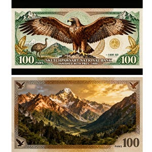 May include: Two banknotes with detailed illustrations. The top one features a large eagle, an emu, and text. The bottom one depicts a mountain landscape. Both bills are marked with the number 100.