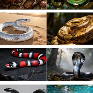 Peut inclure: Un collage de huit images présentant divers serpents. Les serpents affichent des couleurs et des motifs variés, notamment marron, vert, argenté, doré, rouge, noir et blanc. Certains serpents sont enroulés, d'autres en mouvement, dans leurs habitats naturels.