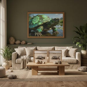 Peut inclure: Une œuvre d'art encadrée représentant une grande tortue avec des accents verts lumineux et le texte "world carrier". Deux petites impressions de tortues encadrées et une table basse en bois sont devant un canapé beige.