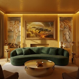 Peut inclure: Un salon luxueux avec un canapé en velours vert foncé, une table basse dorée et un tableau encadré d'un crocodile dans le ciel. La pièce est décorée d'accents dorés et d'œuvres d'art, créant une atmosphère élégante et artistique.