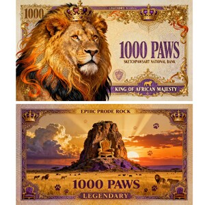 Lion 1000 Paws Currency Art | King of Africa Money Poster | SketchPawsArt Banknote 2026 | Digital Download Wall Decor