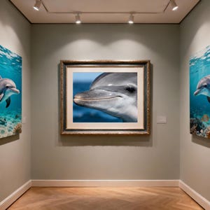 May include: A framed print of a dolphin's face, set against a blue ocean backdrop, hangs on a gallery wall. Two additional canvas prints of dolphins in the ocean flank the framed print. The room has a light green wall color and a wooden floor.