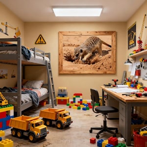 Peut inclure: Chambre d'enfant avec un lit superposé gris, un bureau et des camions jouets. Une photo encadrée d'un suricate creusant dans le sable est accrochée au mur. Des blocs de construction colorés sont éparpillés sur le sol.