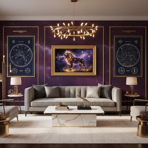 Peut inclure: Un salon luxueux avec un mur d'accent violet, des bordures dorées et une grande œuvre encadrée d'une constellation de lion. La pièce comprend un canapé gris, une table basse en marbre et deux impressions de cartes stellaires.