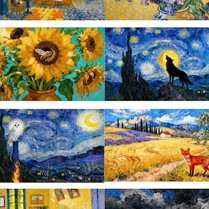 Peut inclure: Huit peintures dans le style de Vincent van Gogh. Les œuvres représentent diverses scènes, dont un café de nuit, des iris dans un vase, des tournesols avec une abeille, un loup hurlant à la lune et une scène de nuit étoilée avec un hibou.