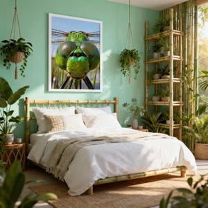 May include: A bedroom featuring a bamboo bed frame, a white duvet, and a beige throw. A framed close-up of a green dragonfly is mounted above the bed. The room is decorated with hanging plants and a bamboo shelf with potted plants.