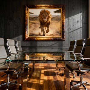 Peut inclure: Une œuvre d'art encadrée représentant un lion courant vers le spectateur, dans un paysage de savane. L'œuvre est exposée au-dessus d'une table de conférence en verre avec des chaises en cuir. La pièce a des lambris en bois foncé et un sol en bois poli.