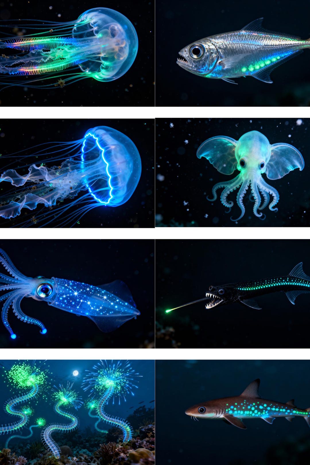 Collection of 8 Bioluminescent Ocean Animals | Deep Sea Glowing Wall ...