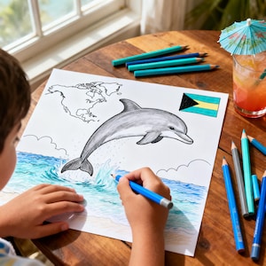 Peut inclure: Un enfant colorie un dauphin sautant hors de l'océan sur une page à colorier. La page comprend une carte de l'Amérique du Nord et le drapeau des Bahamas. Des crayons de couleur et une boisson tropicale avec un parapluie sont sur la table en bois.