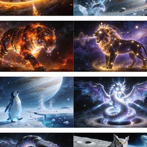 Peut inclure: Une collection d'art numérique mettant en scène des créatures fantastiques dans un cadre cosmique. Comprend une panthère dans un anneau de feu, un dauphin dans l'espace, un tigre en flammes et un lion avec une couronne de constellation.