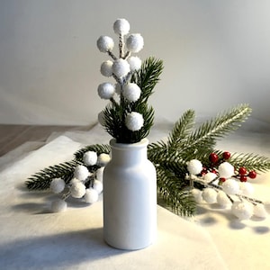 Könnte beinhalten: Eine weiße Keramikvase enthält einen Zweig mit weißen, schneebedeckten Beeren und grünen Tannennadeln. Zusätzliche Zweige mit Beeren und Tannenzweige mit roten Beeren sind in der Nähe angeordnet und schaffen eine festliche, winterliche Szene.