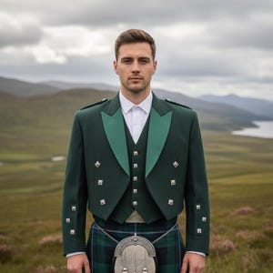 May include: A dark green formal jacket with a contrasting lighter green lapel and vest, paired with a traditional tartan kilt. The jacket features decorative silver buttons. The background shows a scenic landscape with mountains and a lake.