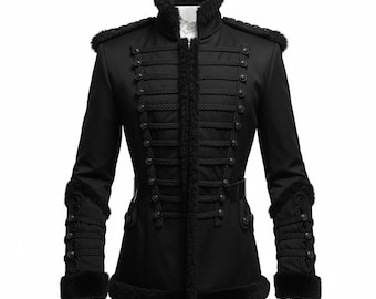 Men's Black Steampunk Military Jacket – Gothic Hussar Faux Fur Coat