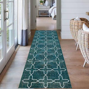 Op de afbeelding: Turquoise en wit geometrisch patroon loper. Het tapijt heeft een herhalend kruisachtig ontwerp in wit tegen een turquoise achtergrond. Het rechthoekige tapijt ligt op een houten vloer.