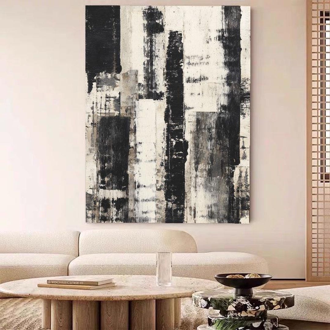 Black White Abstract Oil Painting Minimalist Gray Wall Art Modern ...