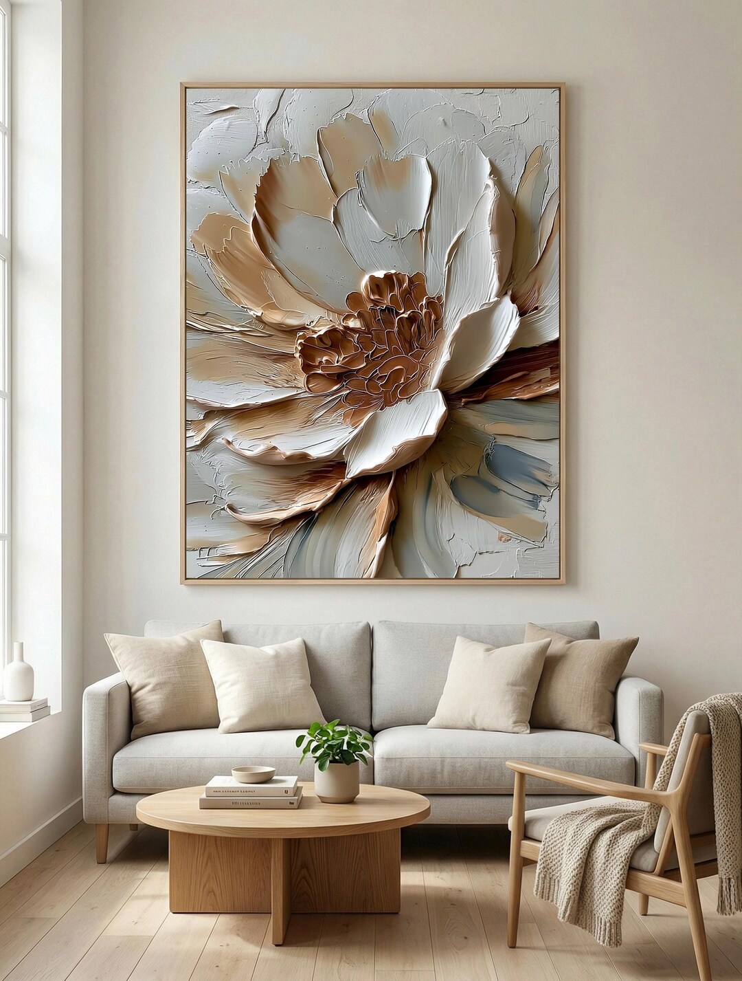 Cream Blue 3D Flower Art Textured Floral Canvas Modern Minimalist Home ...