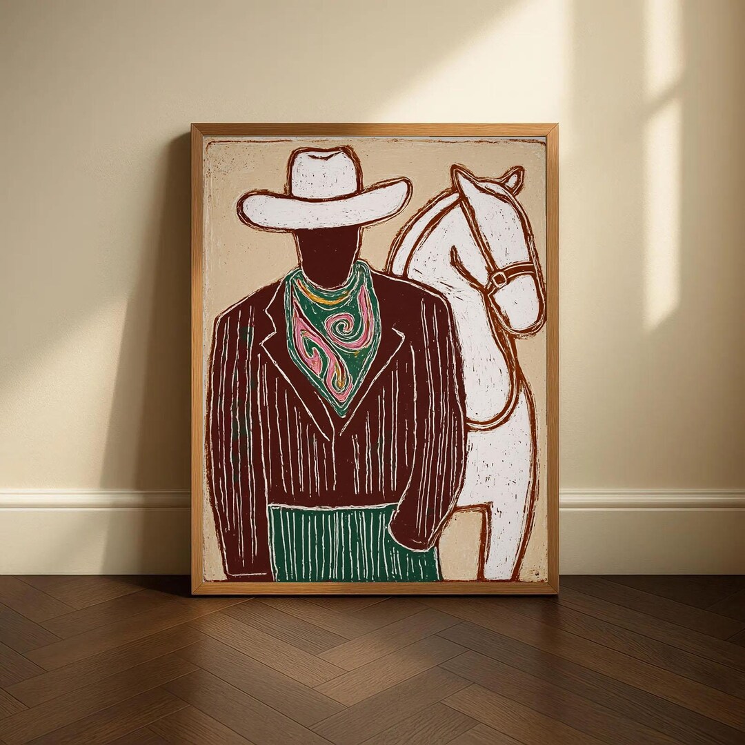 Cowboy Horse Western Art Print Rustic Brown Green Minimalist Wall Decor ...