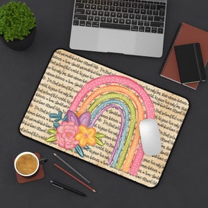 Pastel Rainbow Floral Desk Mat | Neoprene Mousepad, Boho Workspace Decor
