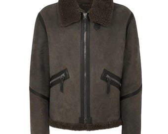 Men's Shearling Lined Suede Aviator Jacket in Tornado Grey