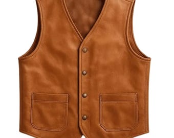 Men's Brown Leather Biker Vest  Western Style Waistcoat, Custom Options