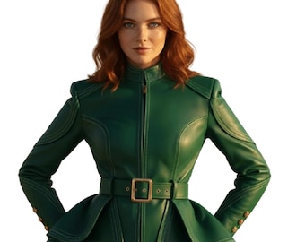 Luxury Emerald Green Leather Peplum Jacket for Women  Slim Fit Designer Moto Biker Jacket