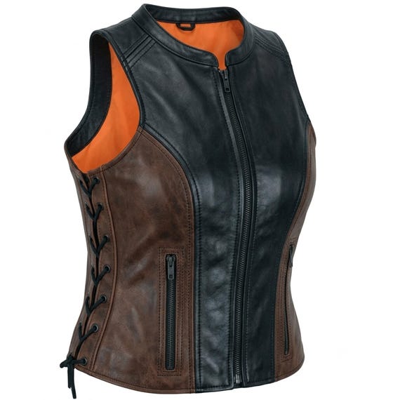 Women Distressed Brown Leather Vest, Two Tone Biker Waistcoat