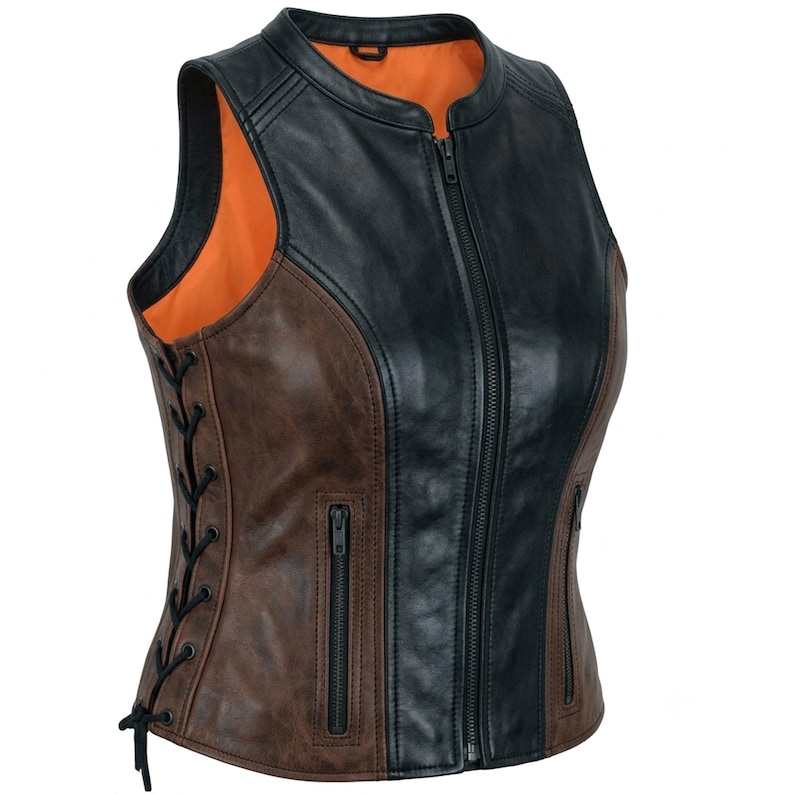 May include: A sleeveless vest featuring a black center panel and brown side panels. The garment has a full-length front zipper, two vertical zippered pockets, and black lace-up detailing along the sides. The interior is lined with bright orange fabric.