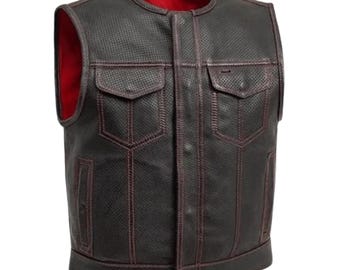 Men’s Genuine Leather Biker Vest   Black Perforated Motorcycle Club Vest