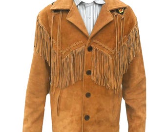 May include: A tan suede jacket with fringe detailing on the chest and sleeves. The jacket has a classic collar, button closure, and decorative stitching. The jacket is shown over a striped shirt.