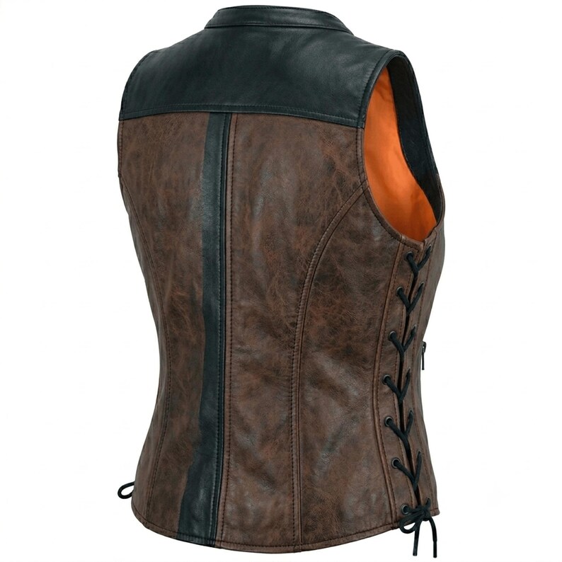 May include: A sleeveless vest featuring a distressed brown finish with black leather accents on the shoulders and a vertical stripe down the back. The sides include black lace-up detailing with eyelets and a bright orange interior lining.