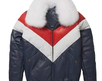 Men's Genuine Sheepskin Leather Bomber Jacket with Faux Fur Collar, Vintage Style