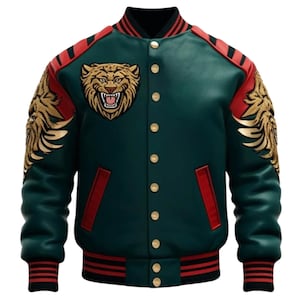 May include: A dark green varsity jacket with red and gold detailing. The jacket has a gold embroidered tiger head on the chest and gold lion head designs on the shoulders. Red stripes are on the sleeves and the bottom hem.