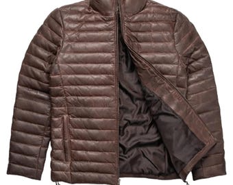 Braune gesteppte Lederjacke für Männer Winter echter Ledermantel