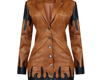 Women Flame Leather Blazer Dress, Western Cowgirl Jacket Dress