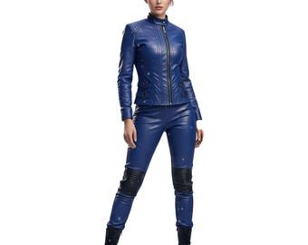 May include: A blue leather jacket and matching pants set. The jacket has a zip-up front, a stand-up collar, and decorative details. The pants have reinforced knee panels. The outfit is paired with black boots. The overall style is modern and sleek.