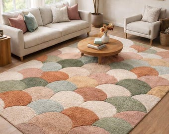 Geometric Hand Tufted Rug | Scallop Pattern Area Rug | Modern Earth Tone Living Room Carpet