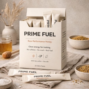 May include: A box of "PRIME FUEL" raw performance honey stick packs. The box is white with black text and contains individual packets. The image also shows two loose packets, honey, and bee pollen.