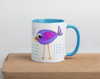 Tasse mit Blumen- und Vogelmotiv – Bunte Keramik-Kaffeetasse – Verspielte Tasse für Zuhause, Büro und als Geschenk
