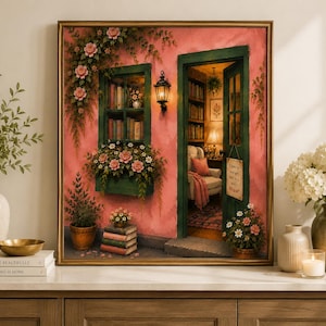 Secret Bookshop Cottage Print: Dusty Rose Reading Nook Artwork (Digital Download)